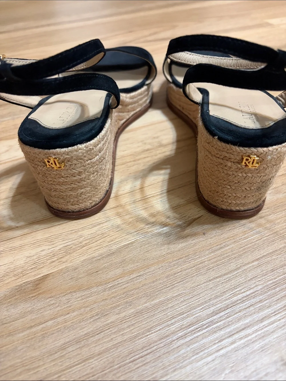 Lauren Ralph Lauren Leona Black Leather Espadrille Wedge Sandals Size 9